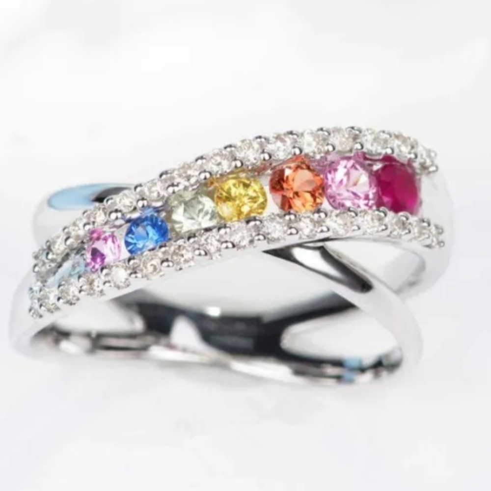 Elegant Multicolor Gemstone Silvery Ring Sz 7